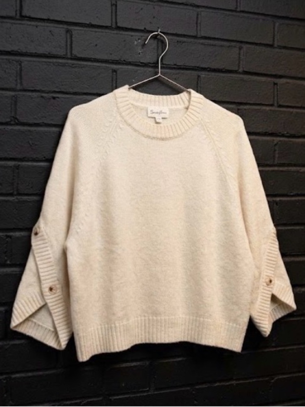Sundry Ivory Button-Tab Crewneck Sweater